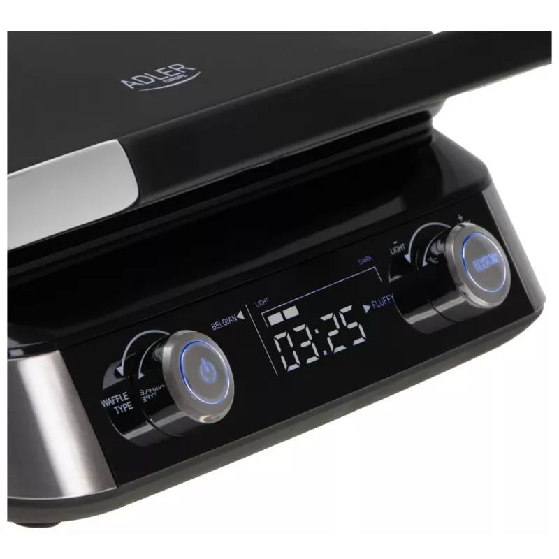 Adler AD 3084 Waffeleisen mit LED-Display, 5 Programme, 7 Bräunungsstufen, 1600 W (max. 2400 W), Antihaftplatten, schwarz/silber
