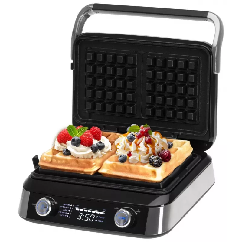 Adler AD 3084 Waffeleisen mit LED-Display, 5 Programme, 7 Bräunungsstufen, 1600 W (max. 2400 W), Antihaftplatten, schwarz/silber