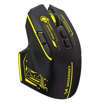 WOZINSKY WMGB-1181 Kabellose Gaming-Maus, 3200 DPI, RGB-Hintergrundbeleuchtung, wiederaufladbar, Schwarz-Gelb