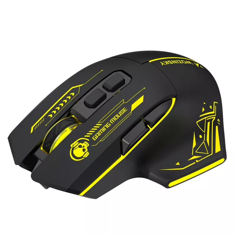 WOZINSKY WMGB-1181 Kabellose Gaming-Maus, 3200 DPI, RGB-Hintergrundbeleuchtung, wiederaufladbar, Schwarz-Gelb