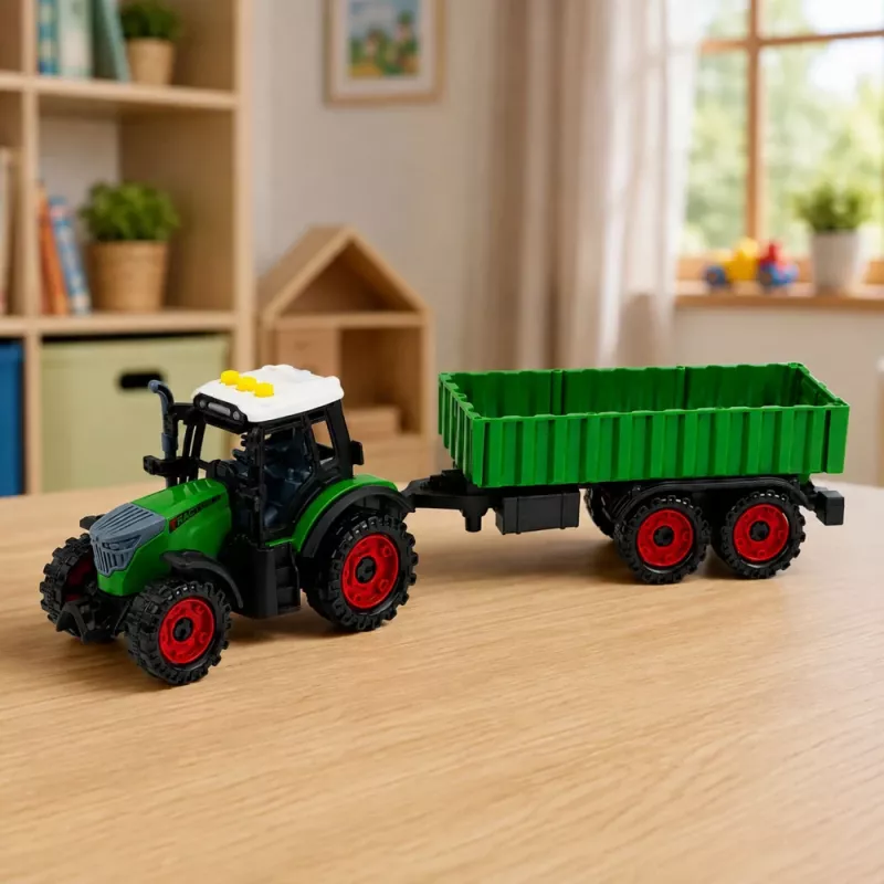LEAN TOYS Traktor mit landwirtschaftlichem Anhänger, Reibungsantrieb, Licht und Sound, 35 cm