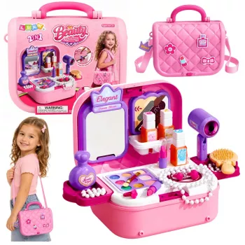 LEAN TOYS Tragbares 2-in-1 Beauty-Set mit Etui, Spiegel, Kosmetik und Zubehör, Pink