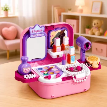 LEAN TOYS Tragbares 2-in-1 Beauty-Set mit Etui, Spiegel, Kosmetik und Zubehör, Pink