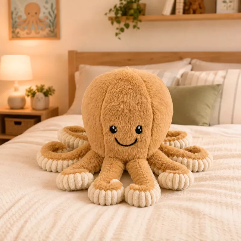 LEAN TOYS Plüsch-Oktopus Kuscheltier mit elastischen Tentakeln Beige 30 cm