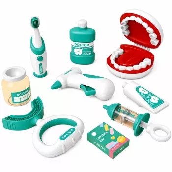 LEAN TOYS Kleines Zahnarzt-Set mit vibrierender Zahnbürste, Blau, 15 Teile
