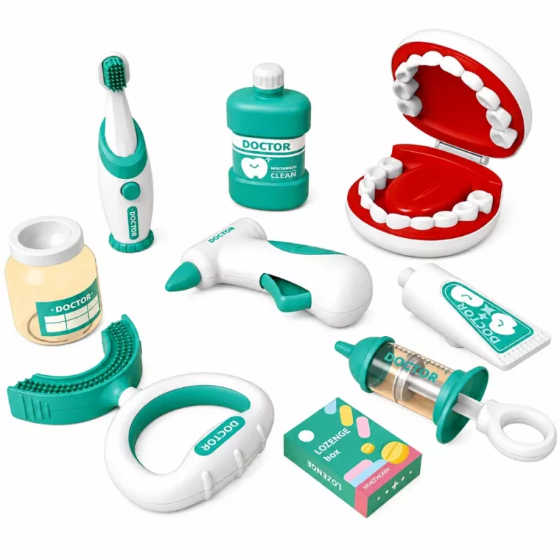 LEAN TOYS Kleines Zahnarzt-Set mit vibrierender Zahnbürste, Blau, 15 Teile
