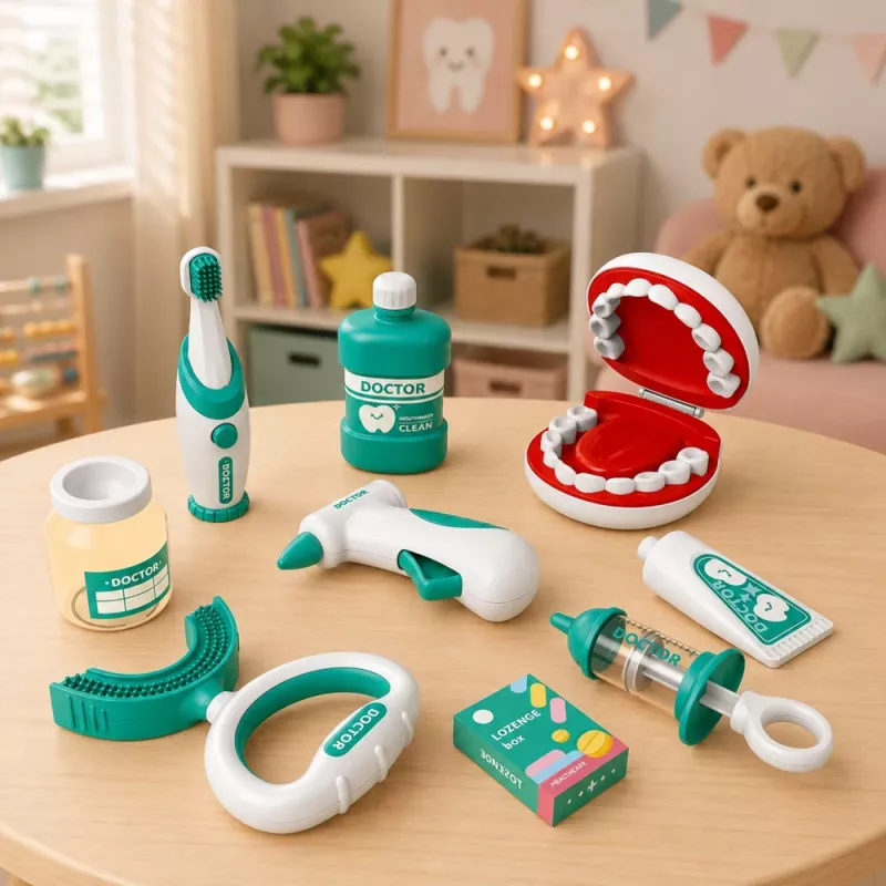 LEAN TOYS Kleines Zahnarzt-Set mit vibrierender Zahnbürste, Blau, 15 Teile