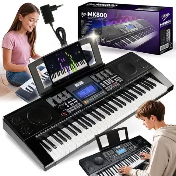 V-TONE MK800 Tragbares pädagogisches elektronisches Keyboard, 61 anschlagdynamische Tasten, 300 Klänge, 300 Rhythmen, 40 Demo-Songs, LCD-Display, USB-MIDI, Kopfhörerausgang, Mikrofoneingang, Sustain-Pedal-Eingang, 2x5W Lautsprecher, Schwarz