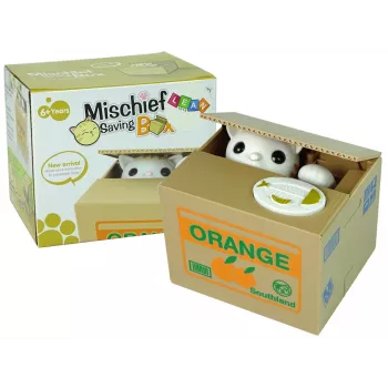 LEAN TOYS Mischief Sparbox Süßes Kätzchen Geldbox Spardose - Weiße Katze mit brauner Box