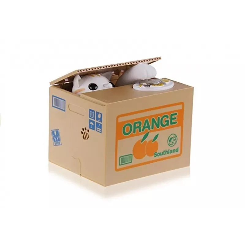 LEAN TOYS Mischief Sparbox Süßes Kätzchen Geldbox Spardose - Weiße Katze mit brauner Box
