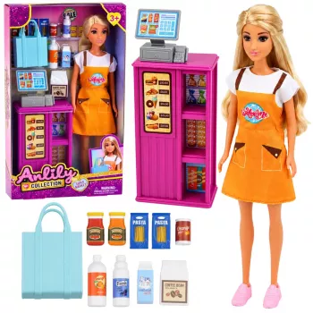 LEAN TOYS Anlily Puppe Kassiererin Verkäuferin Registrierkasse Lebensmittel Spielset