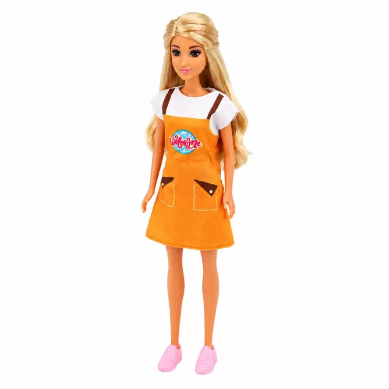 LEAN TOYS Anlily Puppe Kassiererin Verkäuferin Registrierkasse Lebensmittel Spielset