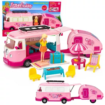LEAN TOYS Reiseset Camper mit Anhänger Puppenmöbel Zubehör Rosa