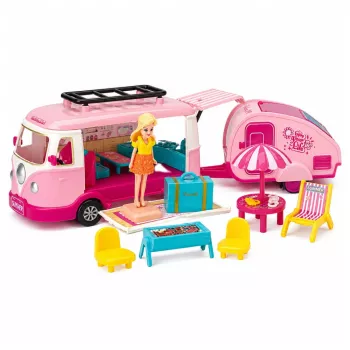 LEAN TOYS Reiseset Camper mit Anhänger Puppenmöbel Zubehör Rosa