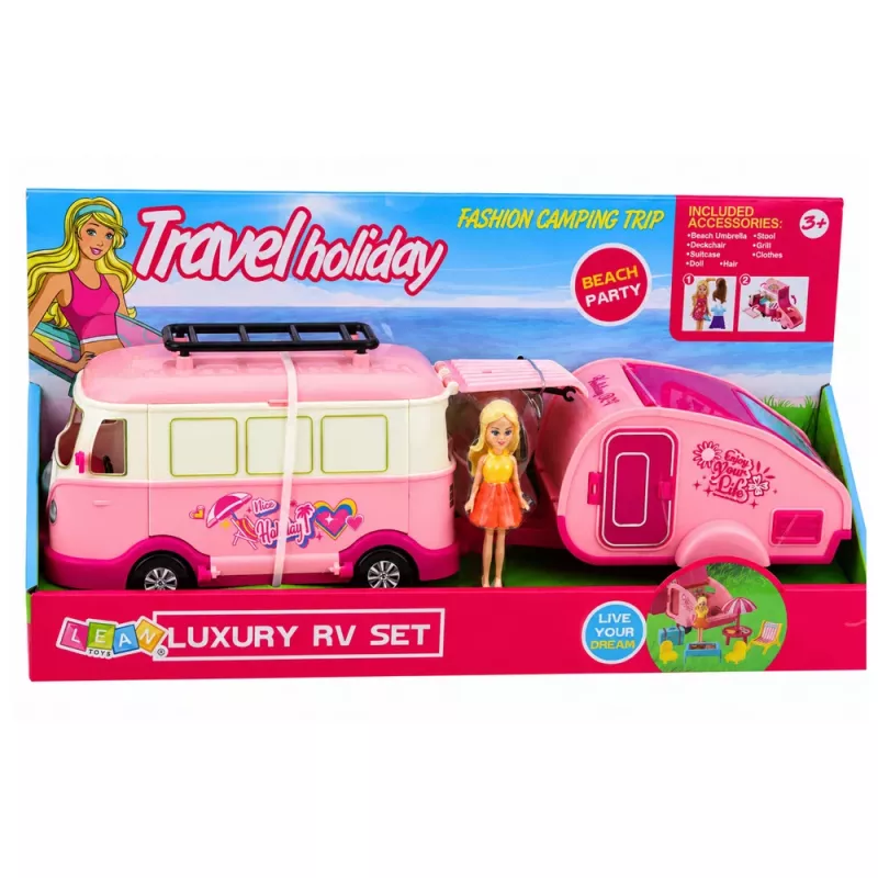 LEAN TOYS Reiseset Camper mit Anhänger Puppenmöbel Zubehör Rosa