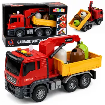 LEAN TOYS Truck Kran Müllsortierbehälter Lichter Sound Rot