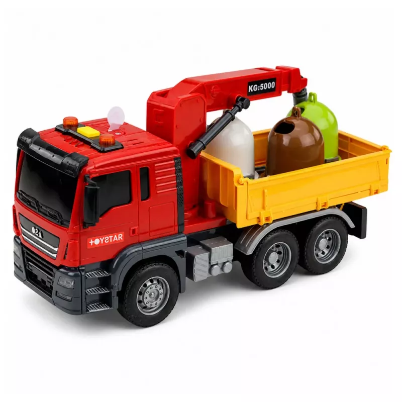 LEAN TOYS Truck Kran Müllsortierbehälter Lichter Sound Rot