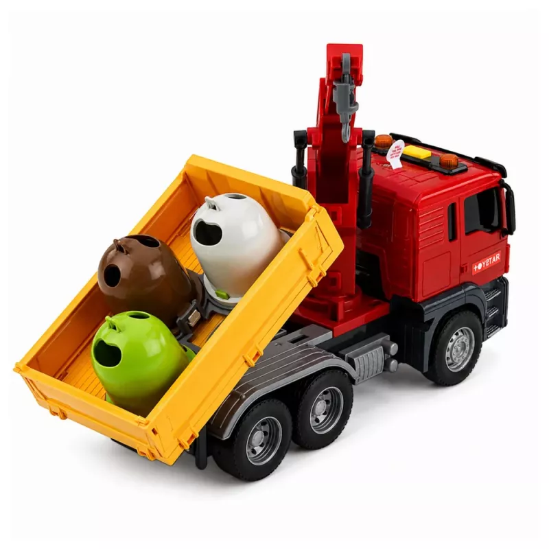 LEAN TOYS Truck Kran Müllsortierbehälter Lichter Sound Rot