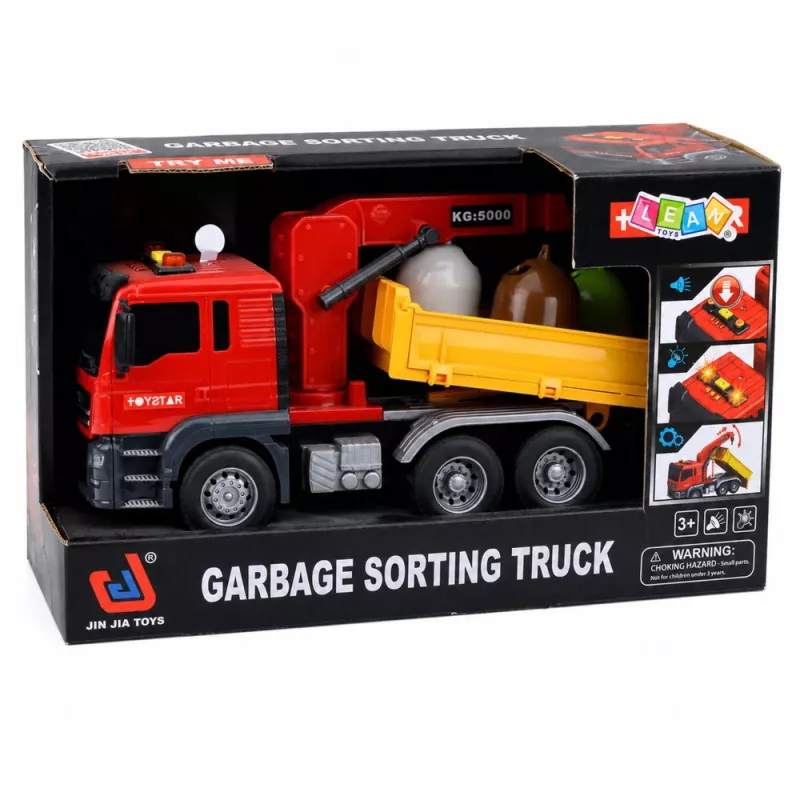 LEAN TOYS Truck Kran Müllsortierbehälter Lichter Sound Rot