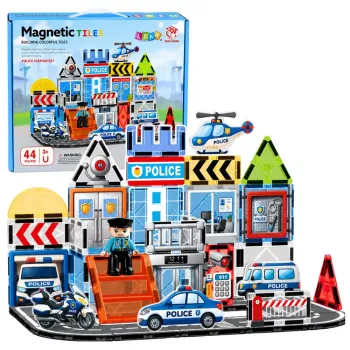 LEAN TOYS Magnetische Bausteine Polizei-Basis Fahrzeuge Polizist 44 Teile