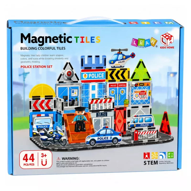 LEAN TOYS Magnetische Bausteine Polizei-Basis Fahrzeuge Polizist 44 Teile