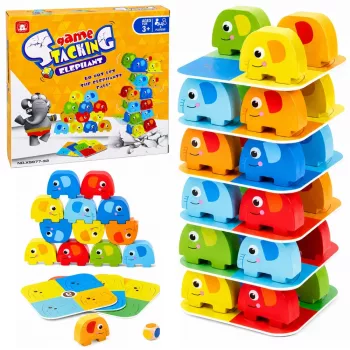LEAN TOYS Elefantenturm Geschicklichkeitsspiel Balancierende Elefanten mit farbigen Karten 46 Teile