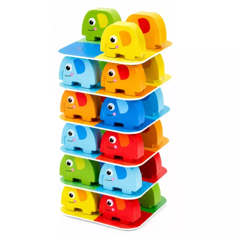 LEAN TOYS Elefantenturm Geschicklichkeitsspiel Balancierende Elefanten mit farbigen Karten 46 Teile