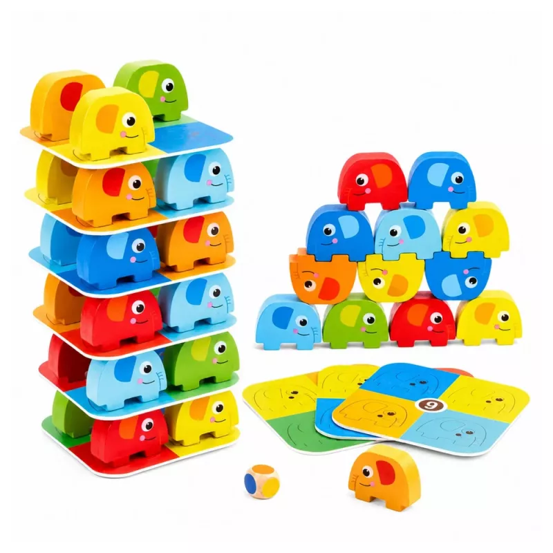 LEAN TOYS Elefantenturm Geschicklichkeitsspiel Balancierende Elefanten mit farbigen Karten 46 Teile