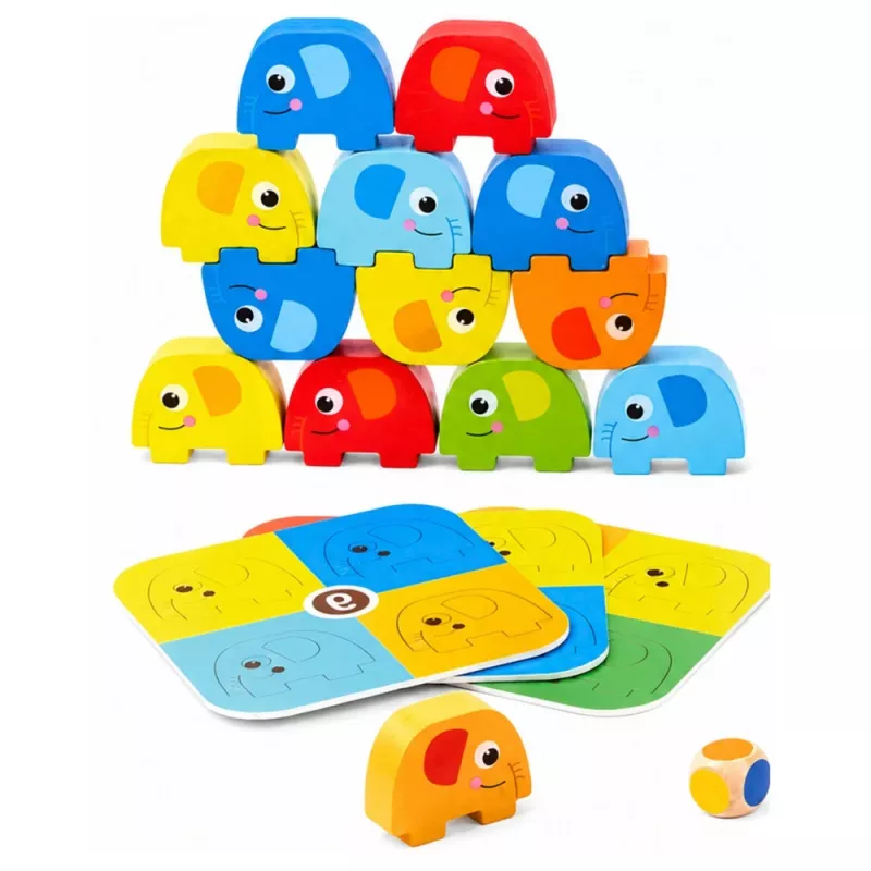 LEAN TOYS Elefantenturm Geschicklichkeitsspiel Balancierende Elefanten mit farbigen Karten 46 Teile
