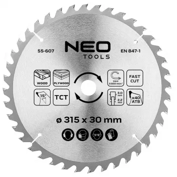 NEO TOOLS 315 mm TCT Kreissägeblatt, 40 Zähne, 30 mm Bohrung, Holzschnitt