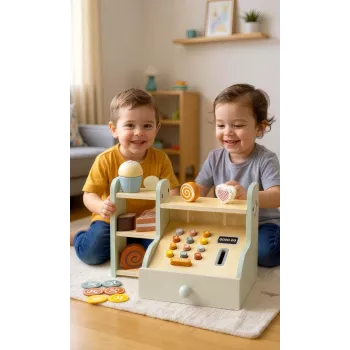 PROMIS Holz-Registrierkasse für Kinder – Rollenspiel-Ladenkasse mit Spielgeld, Scanner & Kreditkarte