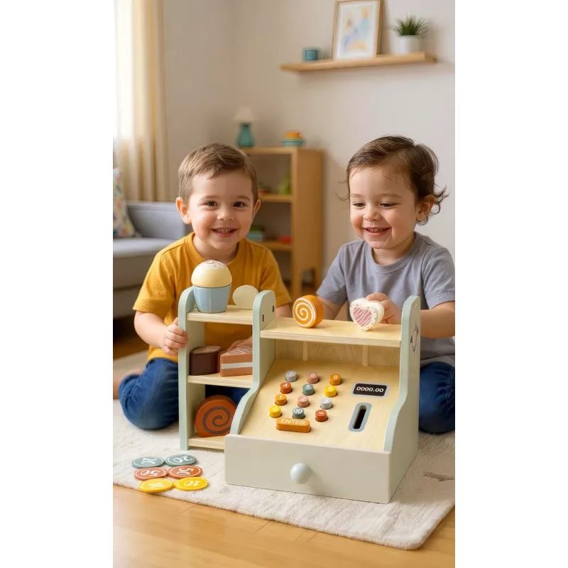 PROMIS Holz-Registrierkasse für Kinder – Rollenspiel-Ladenkasse mit Spielgeld, Scanner & Kreditkarte