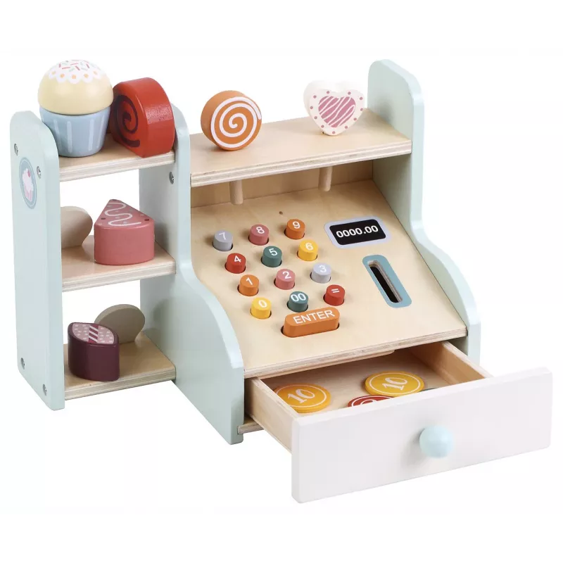 PROMIS Holz-Registrierkasse für Kinder – Rollenspiel-Ladenkasse mit Spielgeld, Scanner & Kreditkarte
