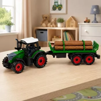 LEAN TOYS Landwirtschaftlicher Traktor mit Holztransporter, Rückziehmotor, Ballen, 35 cm