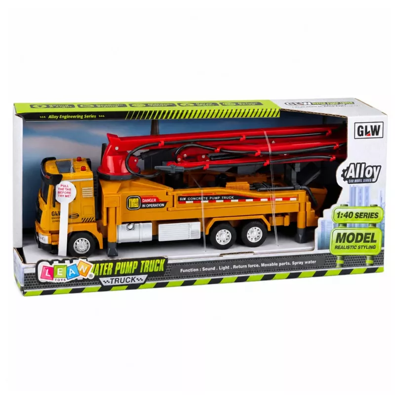 LEAN TOYS Betonpumpen-LKW RC-Spielzeug mit Lichtern, Geräuschen, Wasserspray, Maßstab 1:40