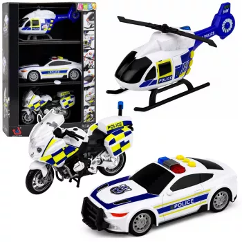 LEAN TOYS Polizei-Set Hubschrauber Motorrad Polizeiauto Lichter Geräusche 1:32