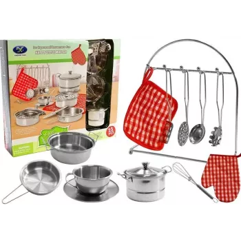 LEAN TOYS 6722 Edelstahl Töpfe und Pfannen Set für Kinder, 23-teiliges Spielküchengeschirr mit Utensilien und Spielzeugessen, Silber