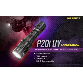 Nitecore NT-P20I-UV Taktische Taschenlampe mit UV-Licht, 1800 Lumen, USB-C wiederaufladbar, IP68, Schwarz