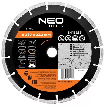 NEO TOOLS 230 mm lasergeschweißtes Segment-Diamanttrennblatt für Beton und Stein, 22,2 mm Bohrung