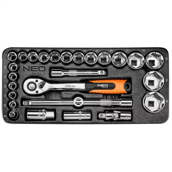 NEO TOOLS 84-238 1/2 Zoll Steckschlüssel-Satz 27-teilig mit Ratsche, Verlängerungen, Kardangelenk, Gleitgriff und Koffer | CrV-Stahl | 10-32 mm