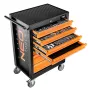 NEO TOOLS Werkstatt-Schrank mit 7 Schubladen und 129-teiligem Werkzeugsatz, Rot/Schwarz, Kugellagerauszüge, Zentralverriegelung, 400 kg Tragkraft