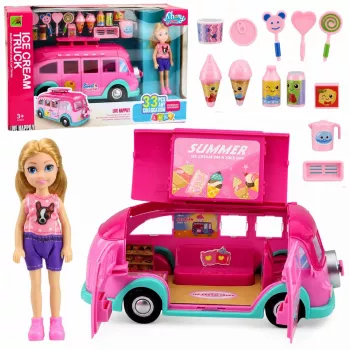 LEAN TOYS Eiswagen-Spielset für Puppen, faltbar, rosa, 33 Teile