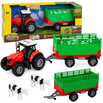 LEAN TOYS Traktor mit Anhänger zum Transport von Tieren, Kuhfiguren, Lichtern und Geräuschen, 4 Teile
