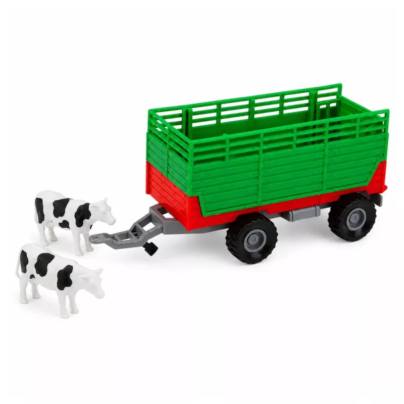 LEAN TOYS Traktor mit Anhänger zum Transport von Tieren, Kuhfiguren, Lichtern und Geräuschen, 4 Teile