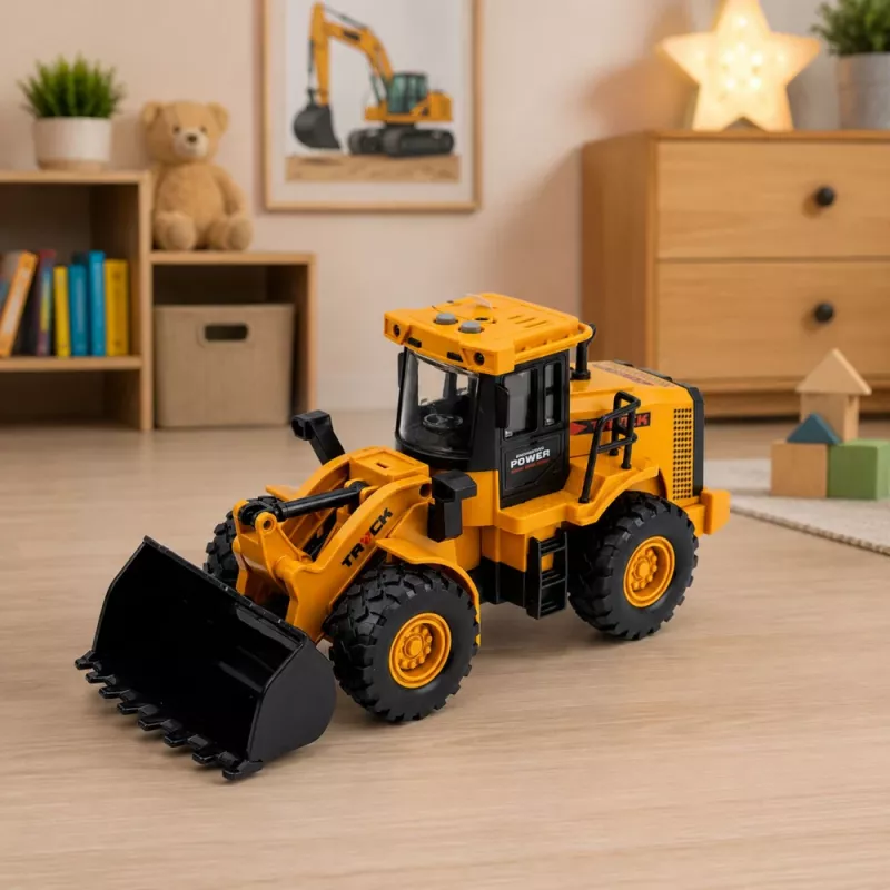 LEAN TOYS Baustellenfahrzeug Bagger mit beweglichem Löffel, Lichtern und Geräuschen, Gelb 1:43