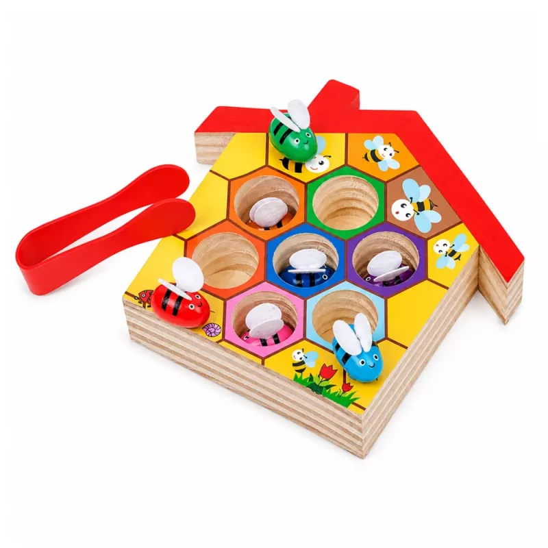 LEAN TOYS Holz-Bienenstock-Geschicklichkeitsspielzeug mit Pinzette und 6 Bienen - Pädagogisches Motorikspiel für Kinder ab 3 Jahren