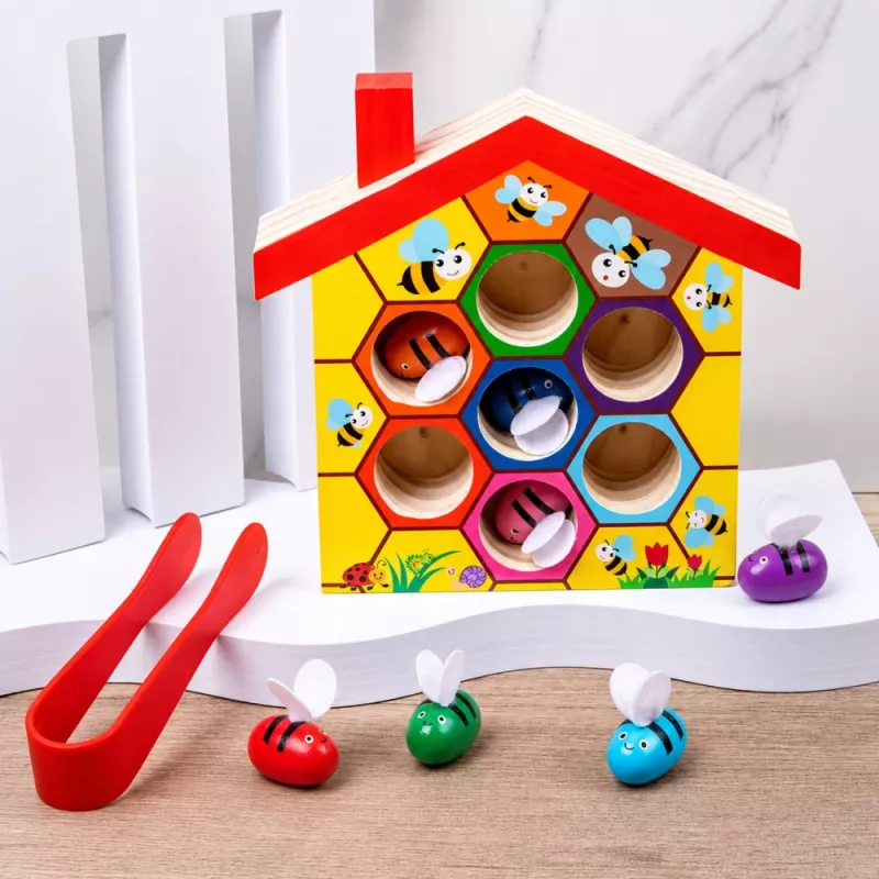 LEAN TOYS Holz-Bienenstock-Geschicklichkeitsspielzeug mit Pinzette und 6 Bienen - Pädagogisches Motorikspiel für Kinder ab 3 Jahren