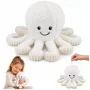 LEAN TOYS Plüsch-Oktopus Kuscheltier mit elastischen Tentakeln, Weiß, 30 cm
