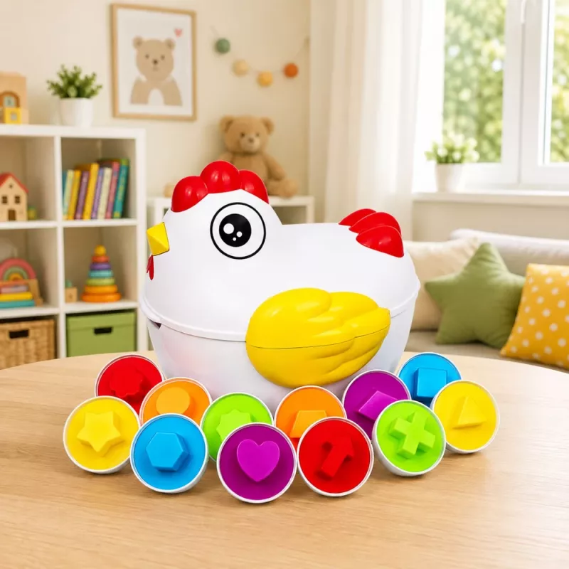 LEAN TOYS Lernspielzeug Henne 12 Eier-Sortierer Formen und Farben lernen Set