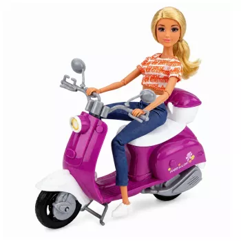 LEAN TOYS Anlily Reise-Puppe auf Roller mit Brille, Handyhalter und Zubehör